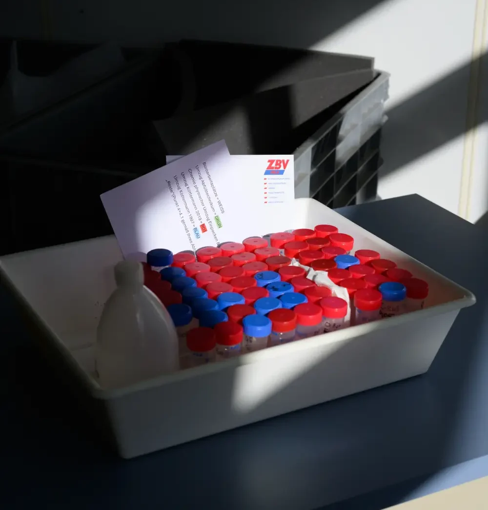 Tablett mit kleinen Fläschchen mit roten und blauen Deckeln und einem Zettel.